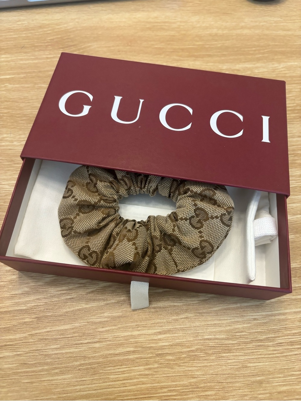 Gucci Beige and Brown Monogram Scrunchie with Gold GG Accent - Picture 6 of 6